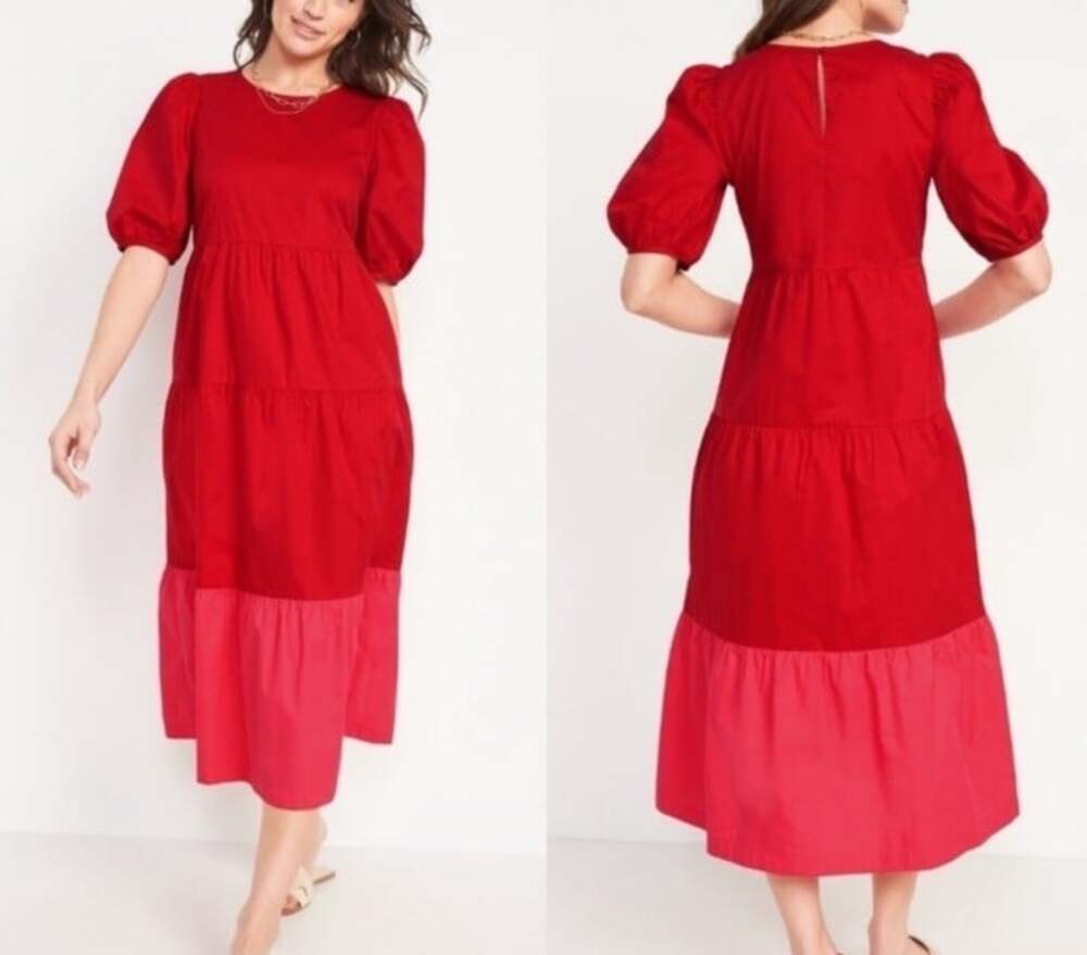 Old Navy Red & Pink Cottagecore Boho Resort Tiered Maxi Dress w/Puff Sleeves-XST